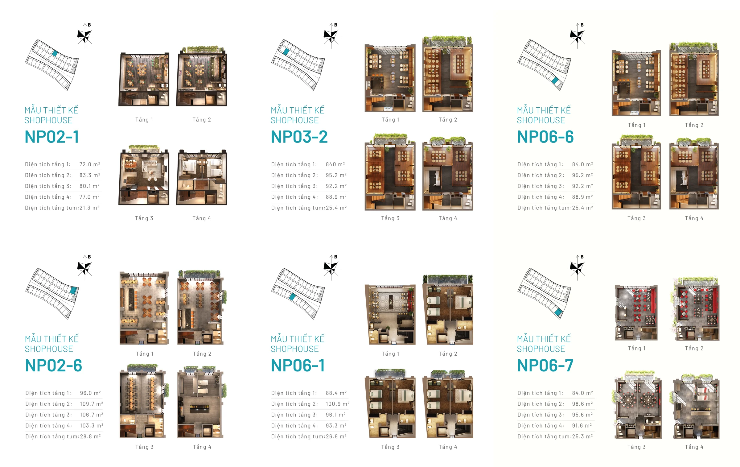 Các mặt bằng mẫu shophouse NP02-1, NP03-2, NP06-6, NP02-6, NP06-1, NP06-7